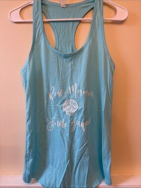 Women's Aqua Racerback Tank Top with Shell Script Graphic